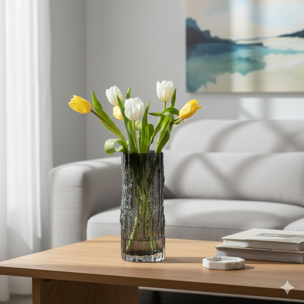 Vase Verre Texturé Écorce 25cm - Design Glacier Organique | Transparent ou Fumé