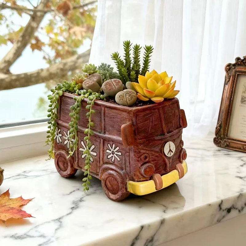 Pot Van Combi Volkswagen Résine - Jardinière Succulentes Hippie Vintage | Marron
