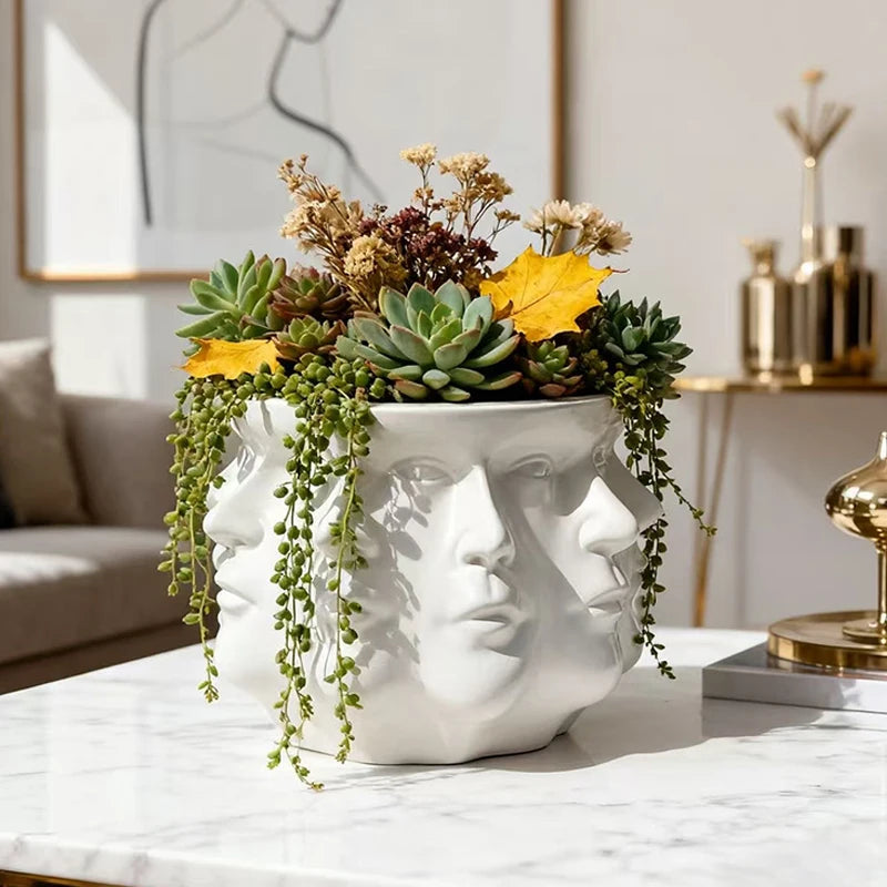 Pot Céramique Multi-Visages 13cm - Design Artistique Surréaliste | Succulentes