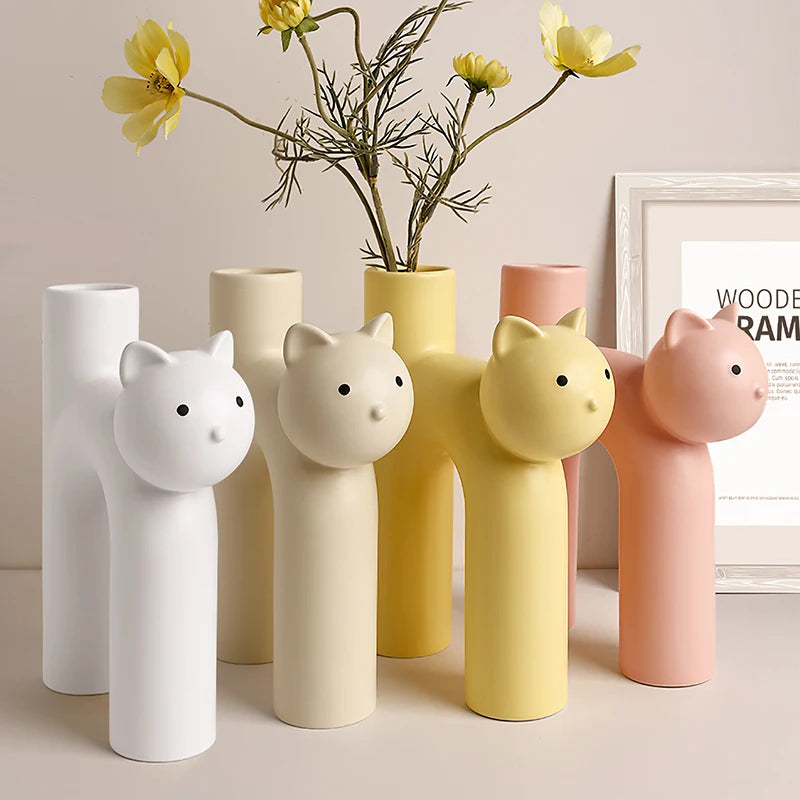 Vase Céramique Chat Kawaii Tube - Design Minimaliste Mignon | Fleurs Séchées