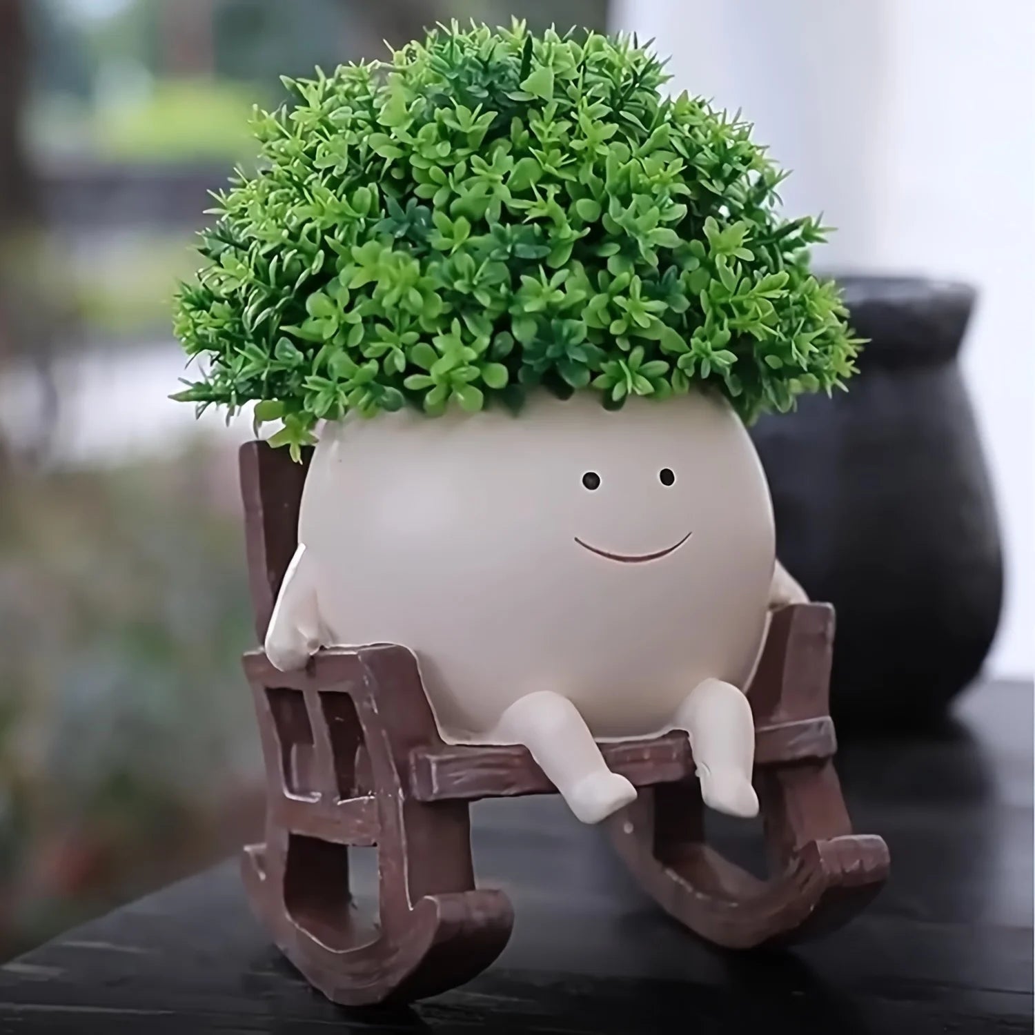 Pot Visage Souriant Rocking Chair - Design Kawaii Relaxant | Succulentes Cheveux